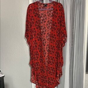 Brick Red Floral Sheer Kimono Cover-Up
